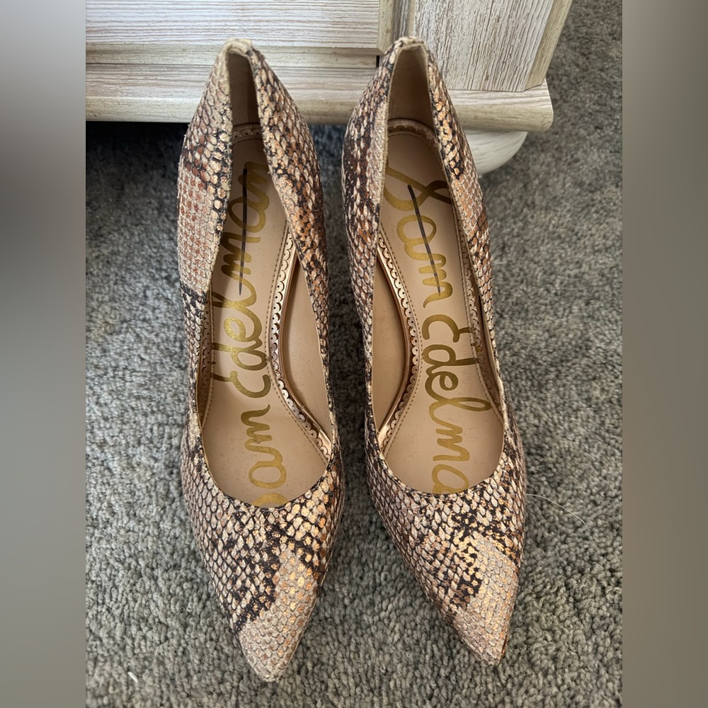 Sam Edelman Taupe Brown Snake-Print Pointed Toe Heels
